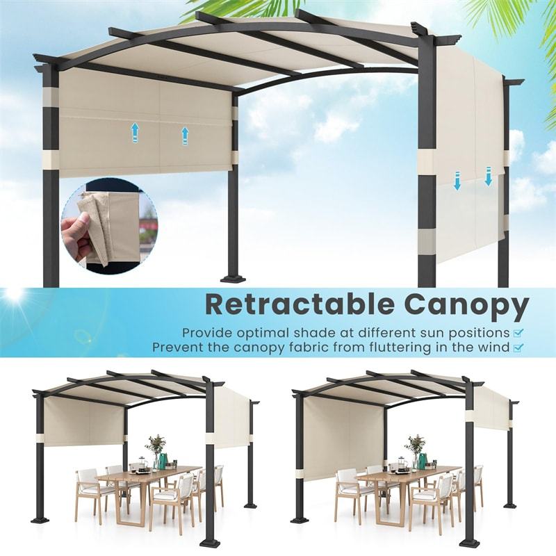 10' x 10' Outdoor Pergola with Retractable Sun Shade Canopy, Metal Frame Patio Pergola Extra Large Shelter Pavilion w/ Anchored Plates