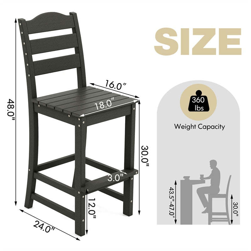 Outdoor HDPE Bar Stools Set of 2, 30" Tall All-Weather Patio Bar Chairs with Backrest & Footrest for Garden, Backyard, Easy Maintenance
