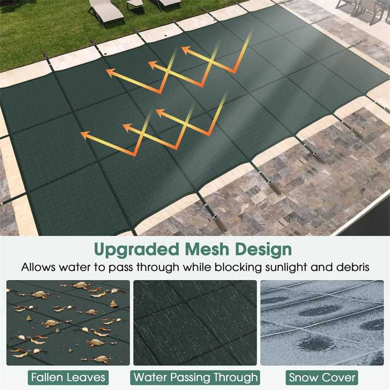 Safety Pool Cover for 32 x 16FT Inground Swimming Pools, Rectangle Winter Leaf Net Pool Cover with Mesh & Installation Tools for Backyard Yard