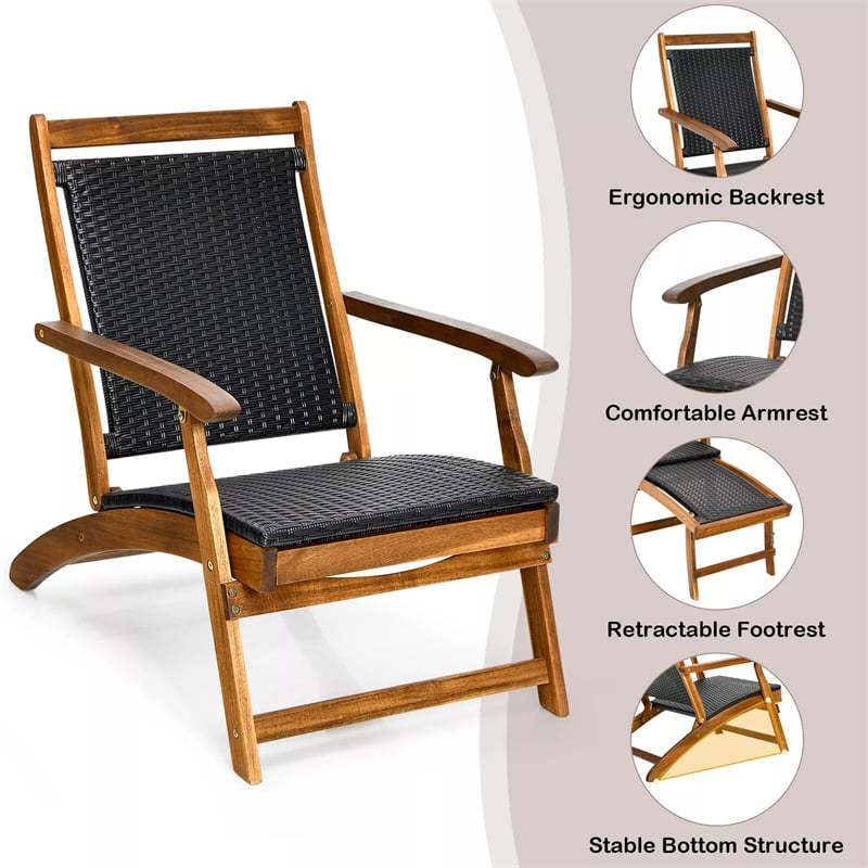 Set of 2 Acacia Wood Patio Folding Rattan Chaise Lounges with Retractable Footrest, Outdoor Deck Lounge Chairs for Backyard, Garden, Poolside