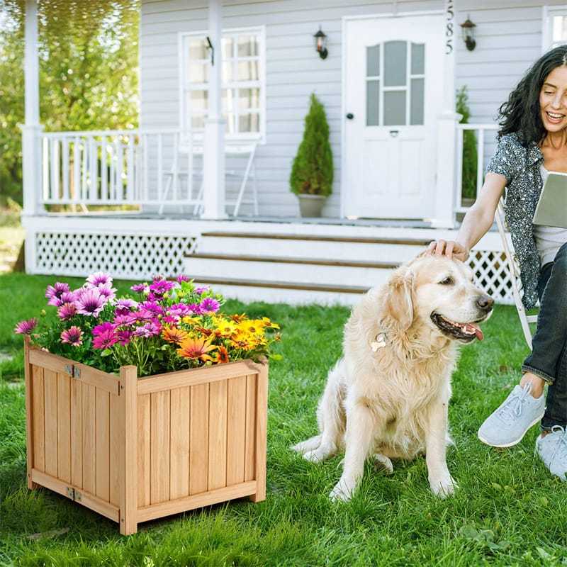 Wooden Raised Garden Bed Outdoor Foldable Square Planter Box with Removable Bottom & Drainage System, Raised Planter Bed for Flowers Fruits Herbs