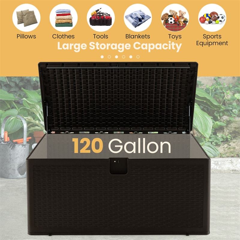 120 Gallon All-Weather HDPE Patio Deck Box with Lockable Lid & Gas Struts, Outdoor Storage Container for Cushions, Garden Tools, Pool Accessories