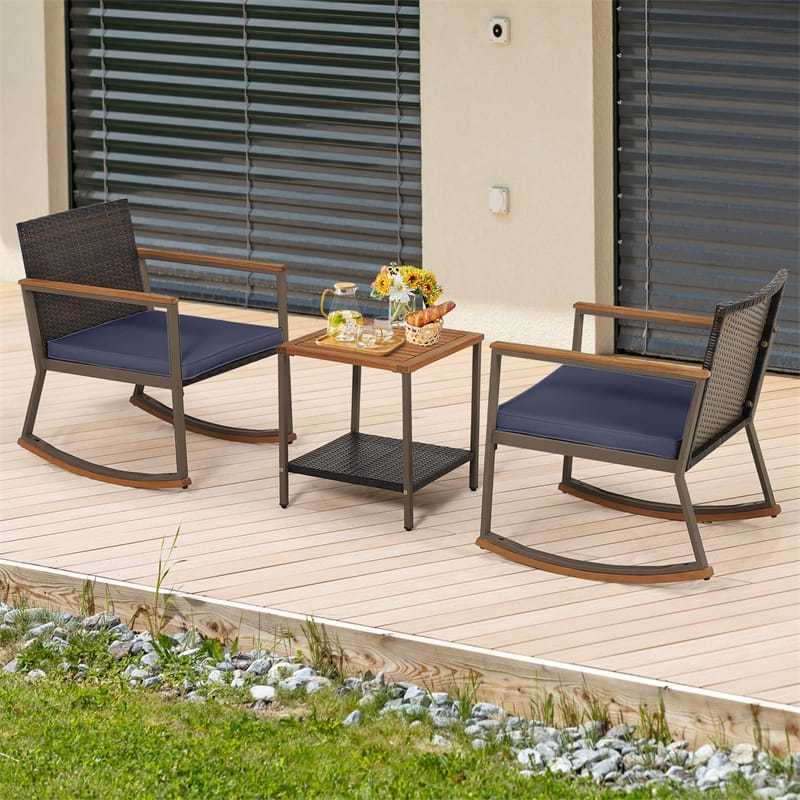 3-Piece Rattan Rocking Bistro Set w/ Cushions, Acacia Wood Top Coffee Table & Storage Shelf, Patio Conversation Set for Balcony, Porch, Poolside