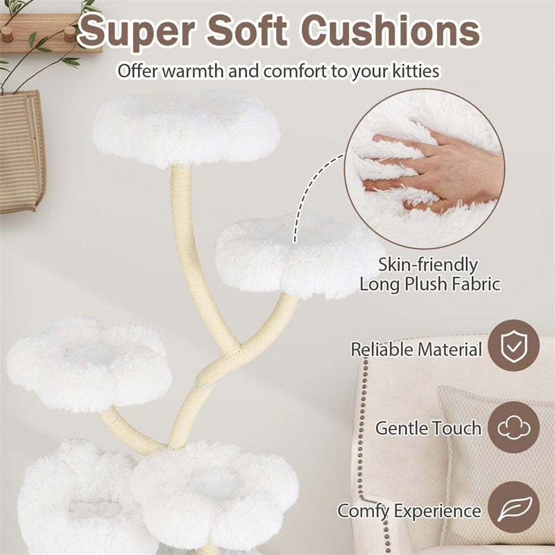 65" Tall Multi-Level Cat Tree, Freestanding Cat Tower w/2-in-1 Cat Condo, Plush Flower Platforms & Sisal Scratching Posts for Large Indoor Cats