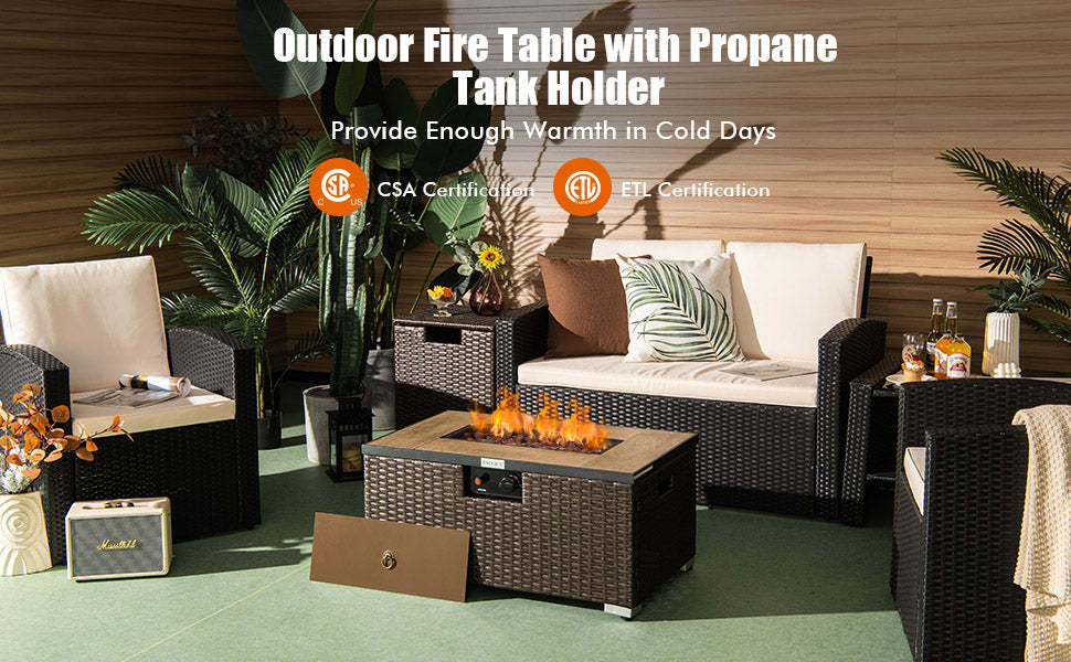 40000 BTU Outdoor Wicker Propane Fire Pit Table & Hideaway Propane Tank Holder Set with Waterproof Cover & Lava Rocks