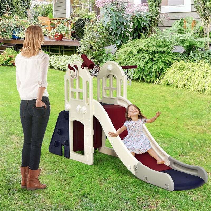 6-in-1 Large Slide for Kids, Toddler Climber Slide Playset with Basketball Hoop, Ring Toss, Freestanding for Indoor & Outdoor Use