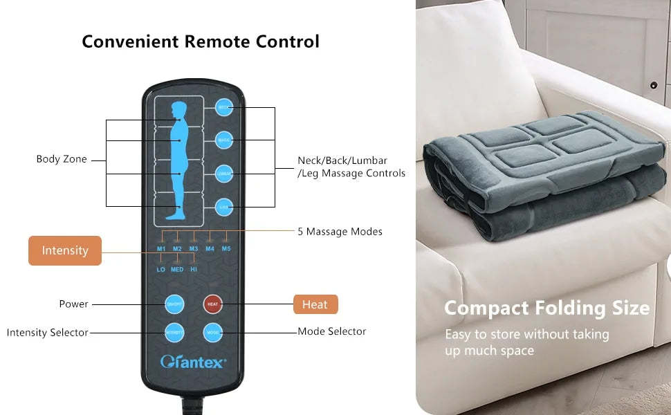 Foldable Heated Massage Pad Full Body Massage Mat Back Massage Chair with 10 Vibration Motors