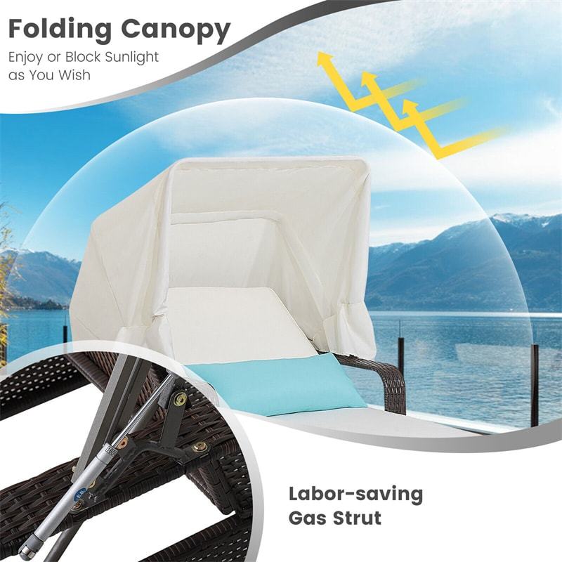 2 Piece Rattan Outdoor Chaise Lounge Chair Table Set with Folding Canopy & Cushions, 6-Level Adjustable Backrest Pool Lounge Chair with Side Table