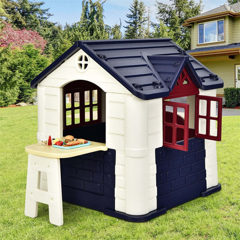 Kids Playhouse, Cottage Pretend Play House with 7PCS Toy Set, Picnic Table & Waterproof Cover for Indoor Outdoor, Boys & Girls Gifts