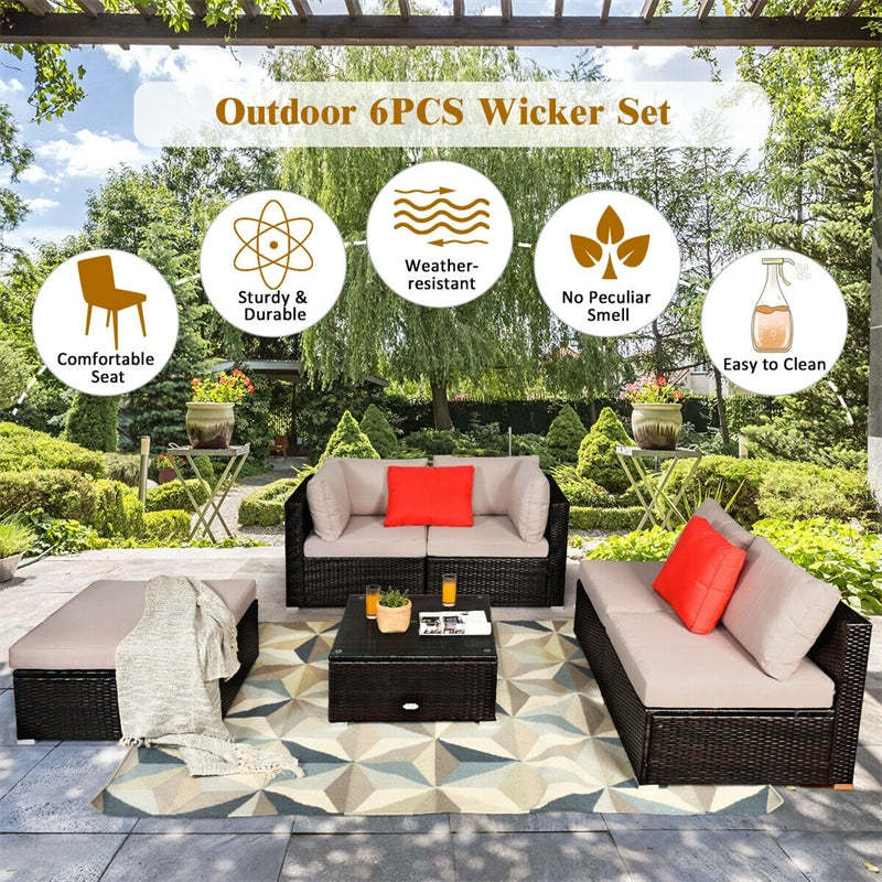 6 Piece Outdoor Rattan Patio Furniture Set Wicker Sectional Sofa Set with Coffee Table