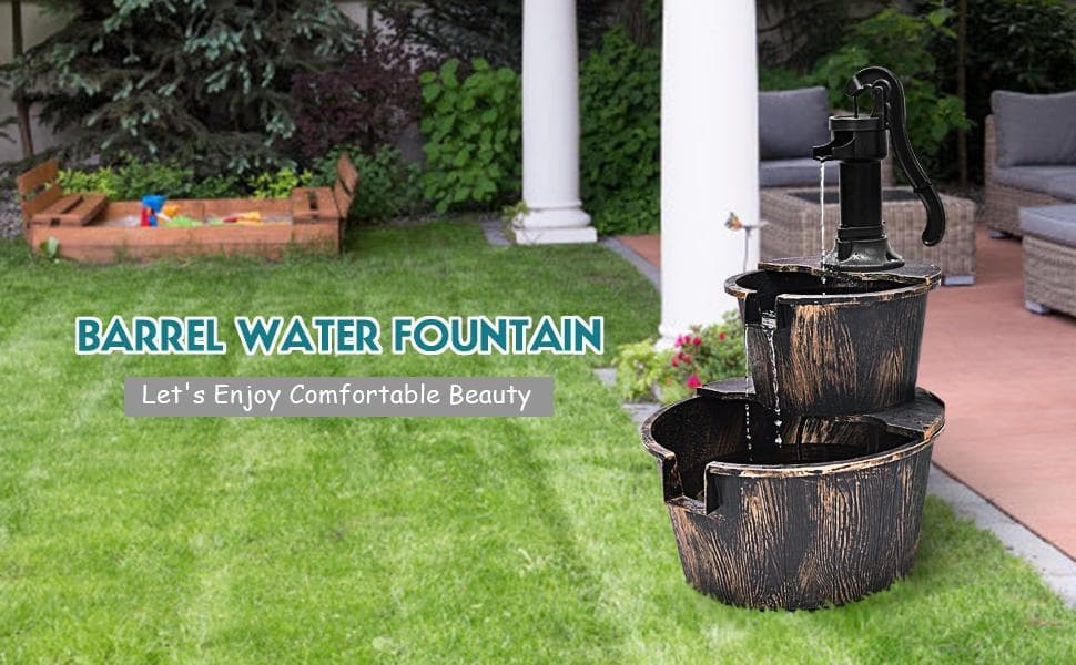 2 Tier Outdoor Rustic Pump Barrel Waterfall Fountain for Garden