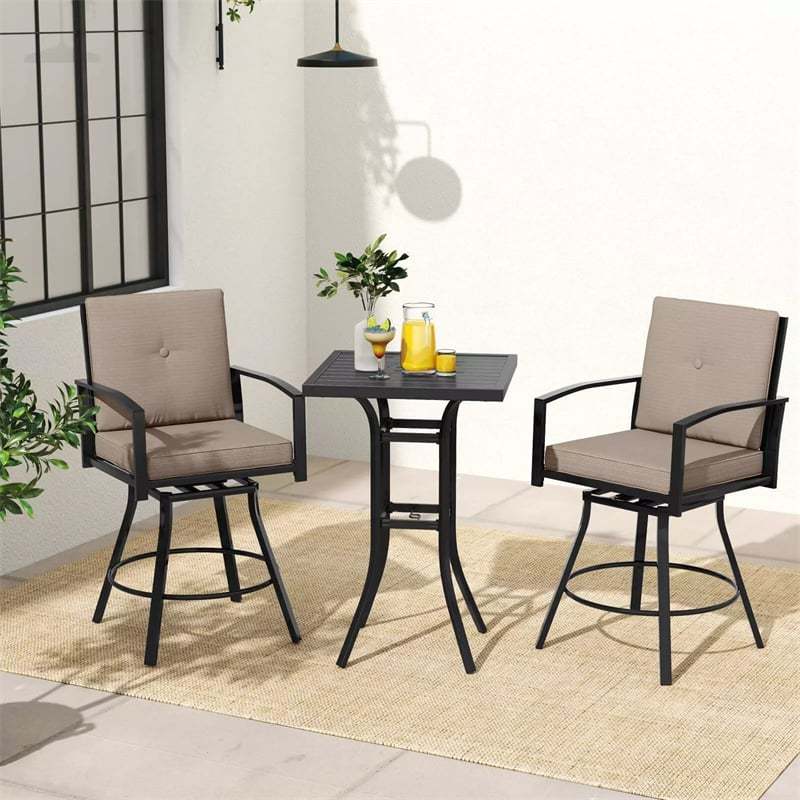 3-Piece All-Weather Metal Patio Bar Set, Outdoor 360° Swivel Bar Stools & Table with Removable Cushions & Umbrella Hole for Poolside, Deck, Backyard