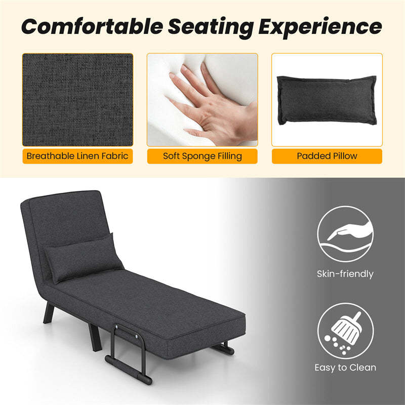 Convertible Sleeper Chair, 4-in-1 Folding Sofa Bed 6-Position Adjustable Backrest w/ Pillow, Reclining Chaise Sleeper Sofa for Living Room
