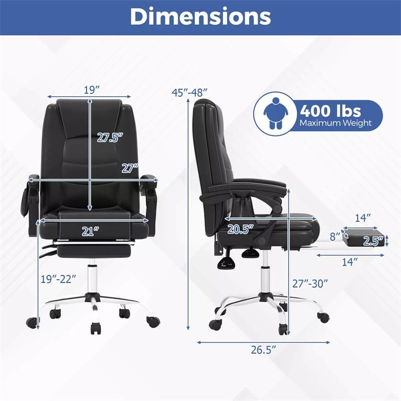 400LBS Big & Tall Massage Executive Chair with Retractable Footrest, Adjustable Height & Backrest, PU Leather Swivel Office Chair for Home Commercial
