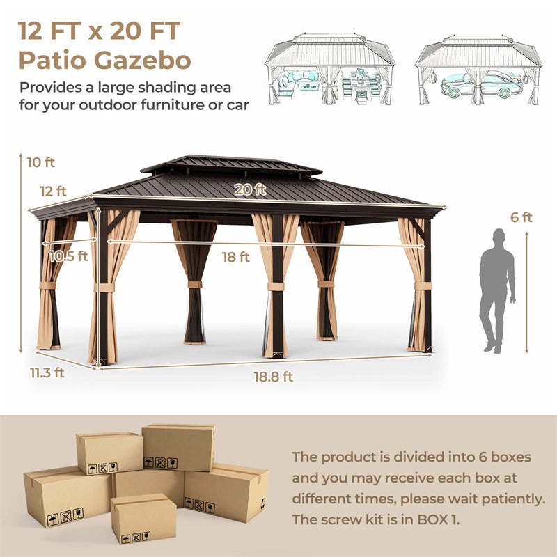 12' x 20' Double-Roof Hardtop Gazebo Outdoor Galvanized Steel Roof Gazebo Aluminum Frame Permanent Gazebo Backyard Pavilion with Curtains & Netting
