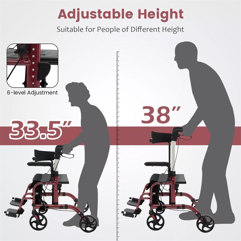 2-in-1 Folding Rollator Walker Wheelchair Combo with Backrest & Adjustable Height, 300lbs Aluminum Mobility Walking Aid for Seniors/Adults
