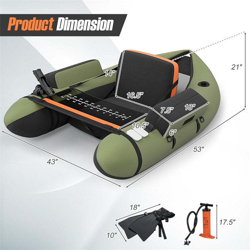 Fishing Float Tube, Inflatable Fishing Boat with Pump, Paddle, Fish Ruler, Flippers, Storage Pockets, Portable Backpack Belly Boat, Holds 350LBS
