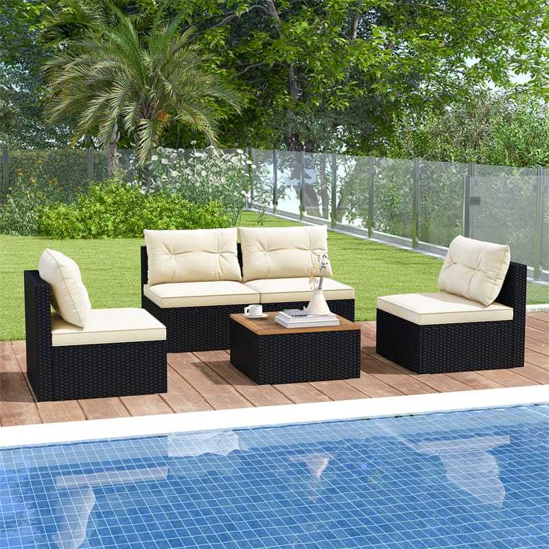 5 Piece PE Rattan Patio Sofa Set with Acacia Wood Top Coffee Table, Seat & Back Cushions, Wicker Outdoor Sectional Furniture for Backyard Garden