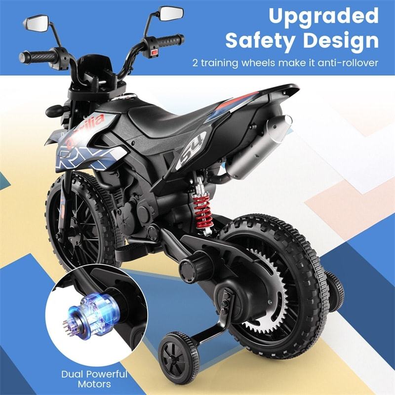12V Kids Ride On Motorcycle, Licensed Aprilia Electric Dirt Bike with Training Wheels & Headlights, Battery Powered Ride On Car for Ages 3+