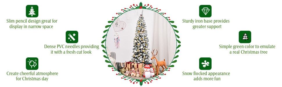 6FT Unlit Hinged Snow-flocked Artificial Pencil Christmas Tree with 500 Branch Tips