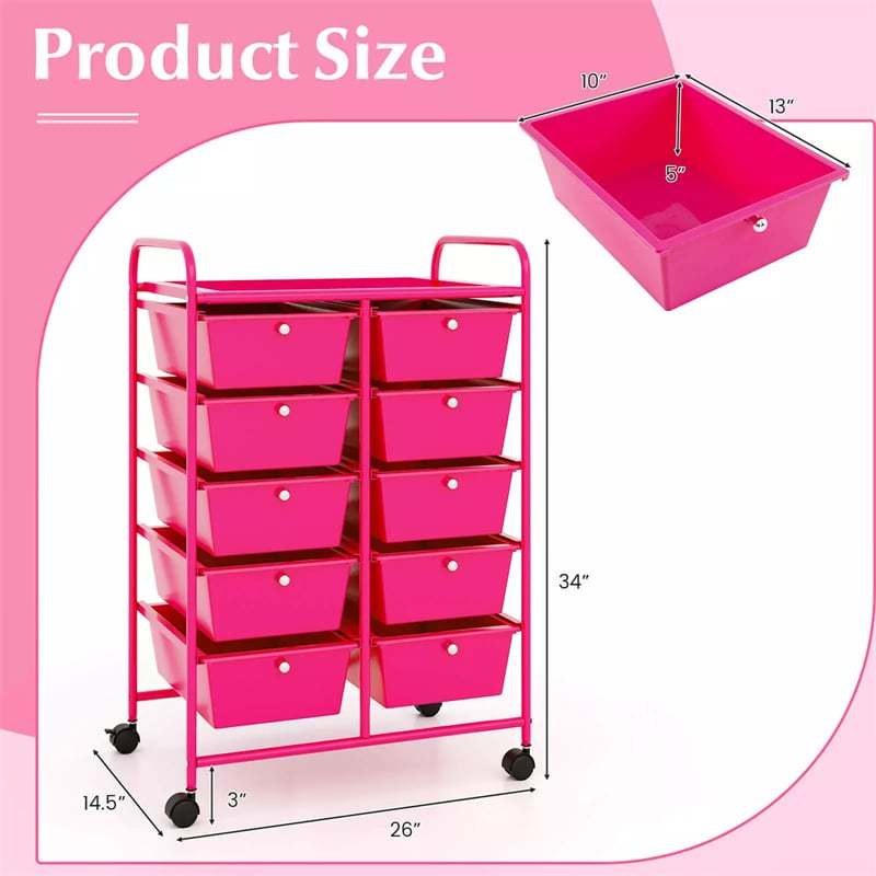 10 Drawer Rolling Cart, Storage Cart Organizer with Wheels, Mobile Utility Cart for Classroom, Office, Home, Craft, Art, Paper, Salon