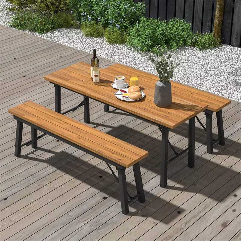 59" Outdoor Folding Picnic Table with Acacia Wood Top & Metal Frame, Portable Rectangular Dining Table for Garden, Yard, Patio & Indoor Activities