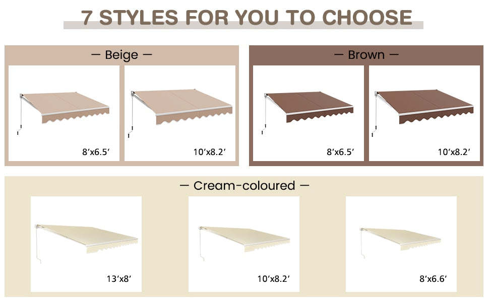 10' x 8' Retractable Patio Awning Aluminum Awning Outdoor Sun Shade with Crank Handle