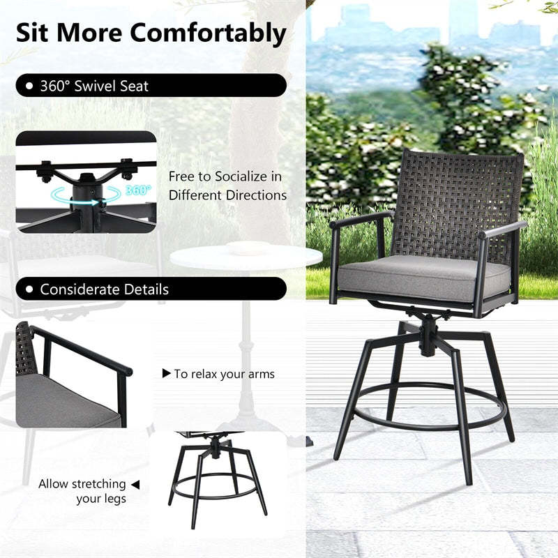 360° Swivel Outdoor Bar Stool Set of 2 Metal Frame Counter Height Bar Chairs with PE Rattan Backrests & Padded Cushions for Yard Balcony
