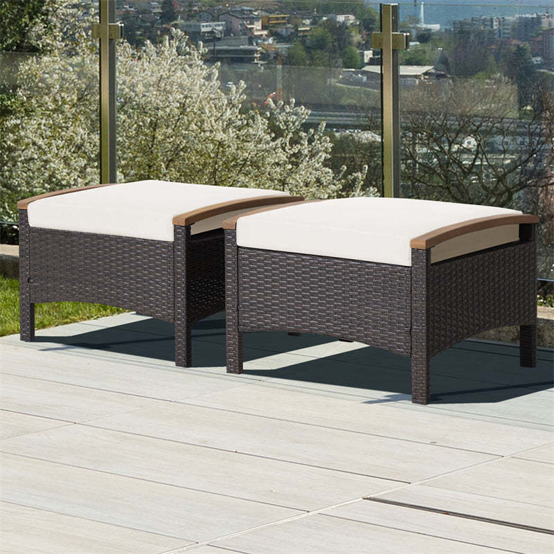 2PCS Patio PE Rattan Ottomans w/ Acacia Wood Handle & Removable Cushion, 3-in-1 Wicker Outdoor Footrest Seat & Side Table for Poolside, Backyard