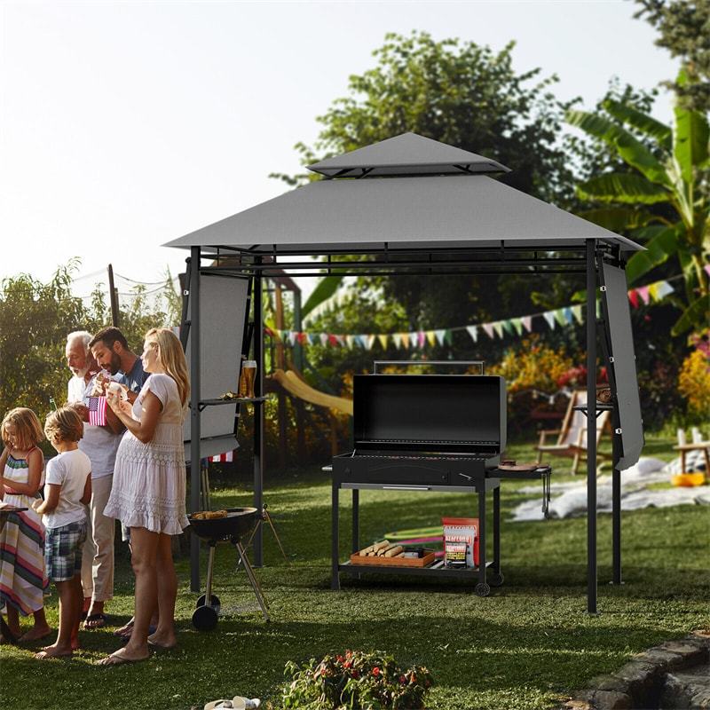 13.5x4FT Heavy-Duty Steel Grill Gazebo with Dual Side Awnings & Storage Shelves, Flame-Retardant 2-Tier Canopy Gazebo for Patio Backyard Garden