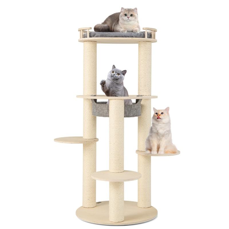 59" Tall Wood Cat Tree, Modern Multi-Level Cat Tower with Top Padded Perch, Hammock, 3 Platforms & Sisal Scratching Posts for Large Indoor Cats