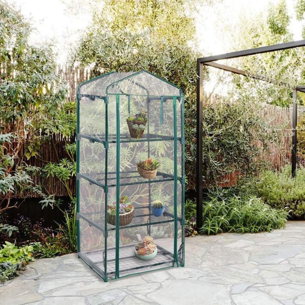 Mini Walk-in Greenhouse, Indoor Outdoor Portable Garden Greenhouse with Multi-Tier Shelves, Zippered Roll-Up Door, Metal Frame