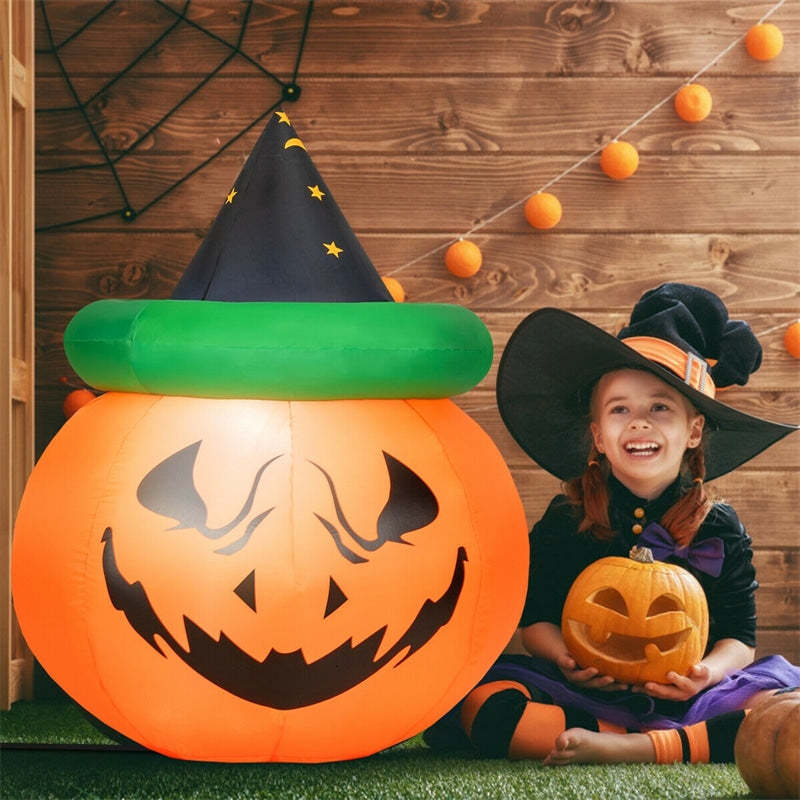 4 Ft LED Bulb Inflatable Pumpkin Blow-up Halloween Decoration with Witch Hat Smiling Face