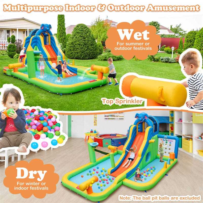 Inflatable Water Slide Elephant Theme 9 in 1 Mega Waterslide Park with Splash Pool, Tic Tac Toe, Climbing Wall for Kids Backyard Family Fun