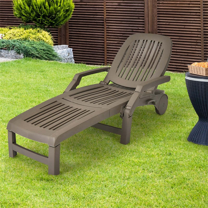 he Folding Outdoor Chaise Lounge, Weatherproof Plastic Lounge Chair with 6-Position Adjustable Backrest & Wheels for Poolside, Patio, Beach