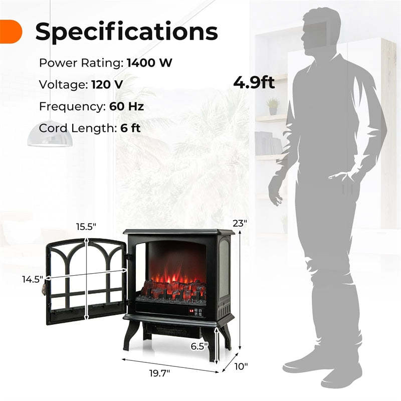 23" Electric Fireplace Stove, 1400W Freestanding 3-Sided Fireplace Heater with 3-Level Dimmable Flame, Remote Control, 6H Timer & Overheat Protection