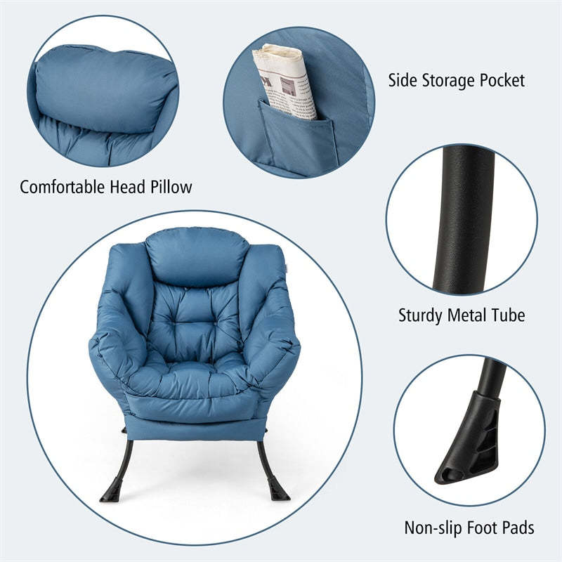 Modern Fabric Lazy Chair Upholstered Accent Sofa Chair Leisure Lounge Armchair with Folding Ottoman & Storage Pocket