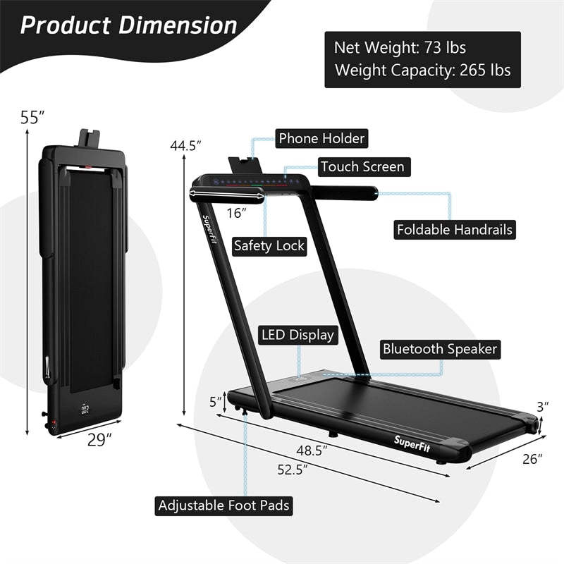 2-in-1 Under Desk Treadmill, 2.25HP SuperFit Folding Walking Jogging Machine with Dual Display, Remote & App Control, Bluetooth for Home Office