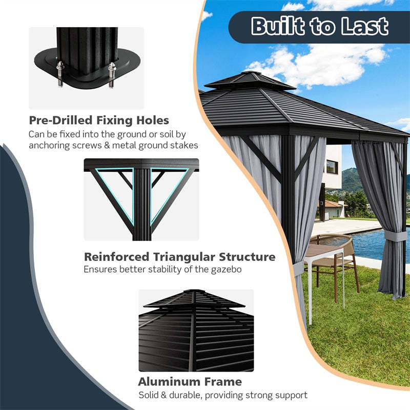10 x 10FT Double-Top Outdoor Hardtop Gazebo with Galvanized Steel Roof & Netting