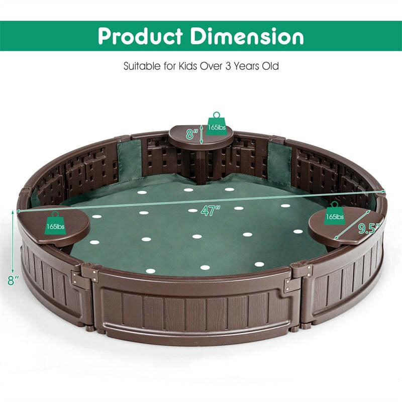 Kids Outdoor Sandbox 4FT Round Sand Pit for Backyard Beach with Cover, 3 Built-in Seats & Bottom Liner, All-Weather HDPE Sandbox