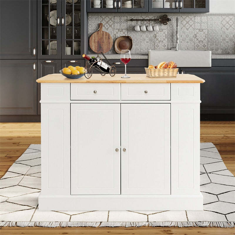 47" Kitchen Island with Drop Leaf, Rubber Wood Top, 2 Drawers, Adjustable Shelves & Spice Racks, Coffee Bar Table for Dining Room Storage