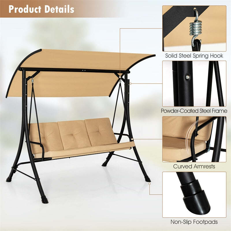 3-Seat Outdoor Porch Swing with Adjustable Canopy & Removable Cushions, Steel Frame Patio Swing for Garden, Backyard, Balcony, Poolside