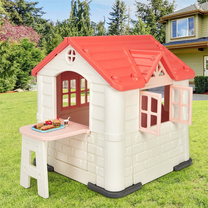 Kids Playhouse, Cottage Pretend Play House with 7PCS Toy Set, Picnic Table & Waterproof Cover for Indoor Outdoor, Boys & Girls Gifts