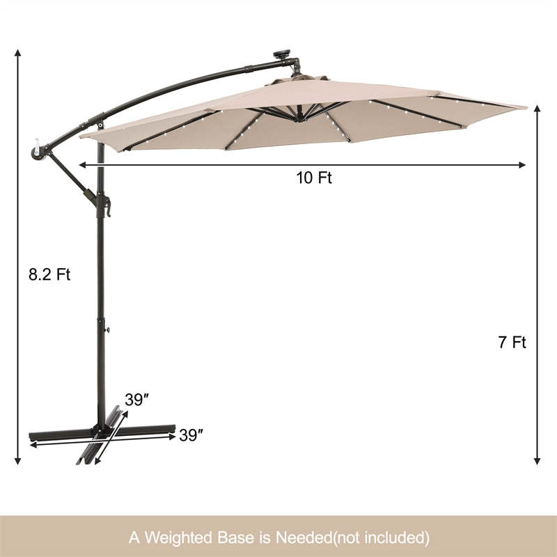 10FT Hanging Solar LED Umbrella Offset Patio Umbrella Outdoor Cantilever Umbrella Steel Market Umbrella with 40 Lights, Crank & Cross Base
