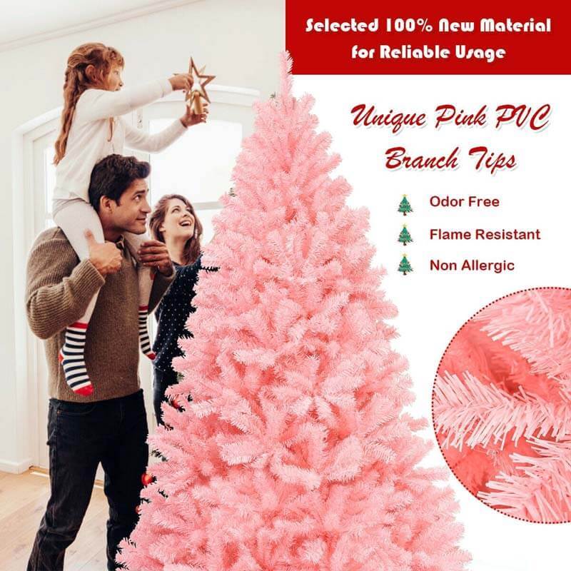 7.5FT Pink Artificial Hinged Spruce Full Christmas Tree with Foldable Metal Stand