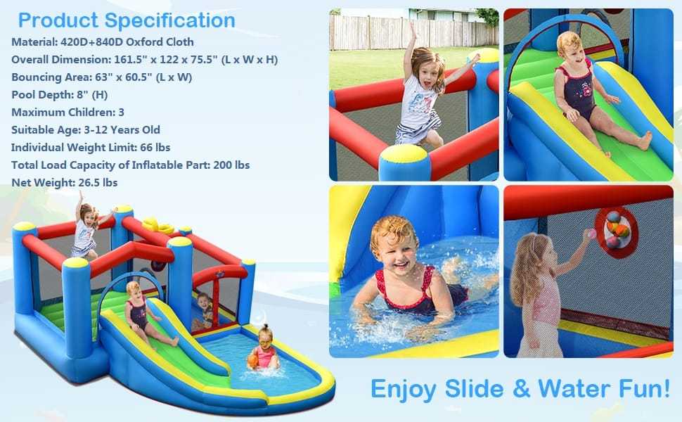 Inflatable Water Slide Bounce House Splash Pool Bounce Castle with Slide & Target Balls for Kids 5-12 Indoor Outdoor Party Family Fun