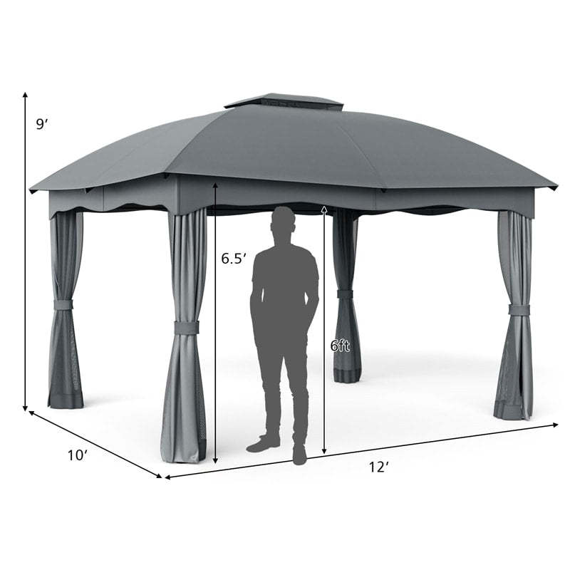 2 x 10FT Heavy Duty Steel Patio Gazebo, Double Vented Outdoor Canopy with Mesh Screen Netting & Zippered Privacy Curtains for Deck Garden Yard