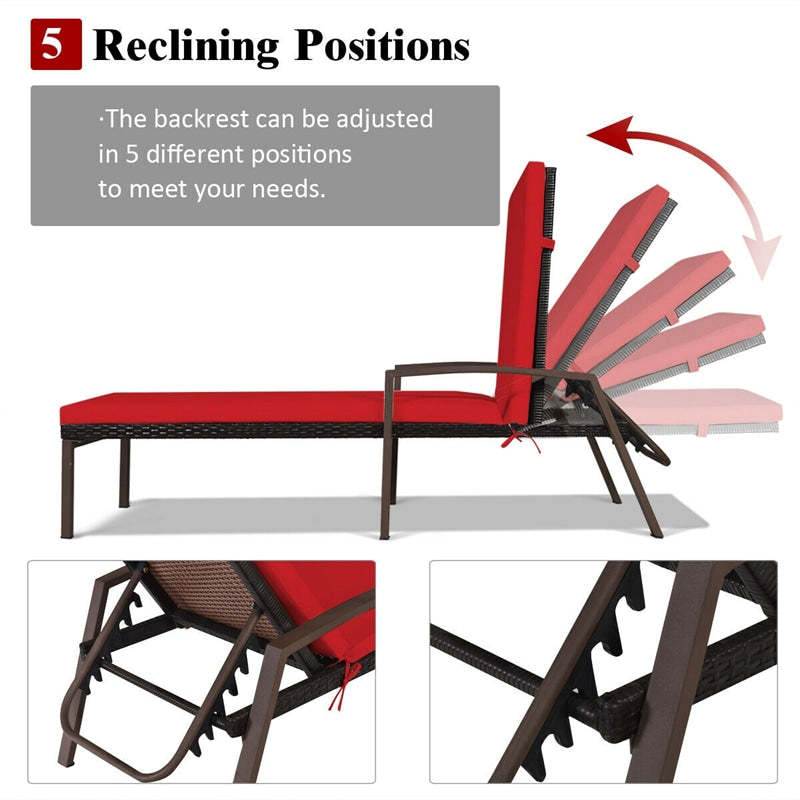 2PCS Wicker Outdoor Chaise Lounge Chairs with Cushions & 5 Adjustable Backrest, PE Rattan Patio Sun Loungers for Poolside, Backyard, Deck
