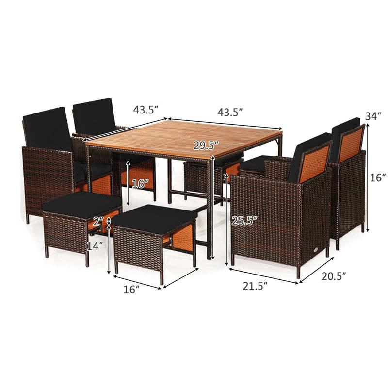 9-Piece Acacia Wood Rattan Patio Dining Set w/Cushioned Chairs, Ottomans & Umbrella Hole, Space Saving Outdoor Furniture for Backyard Garden