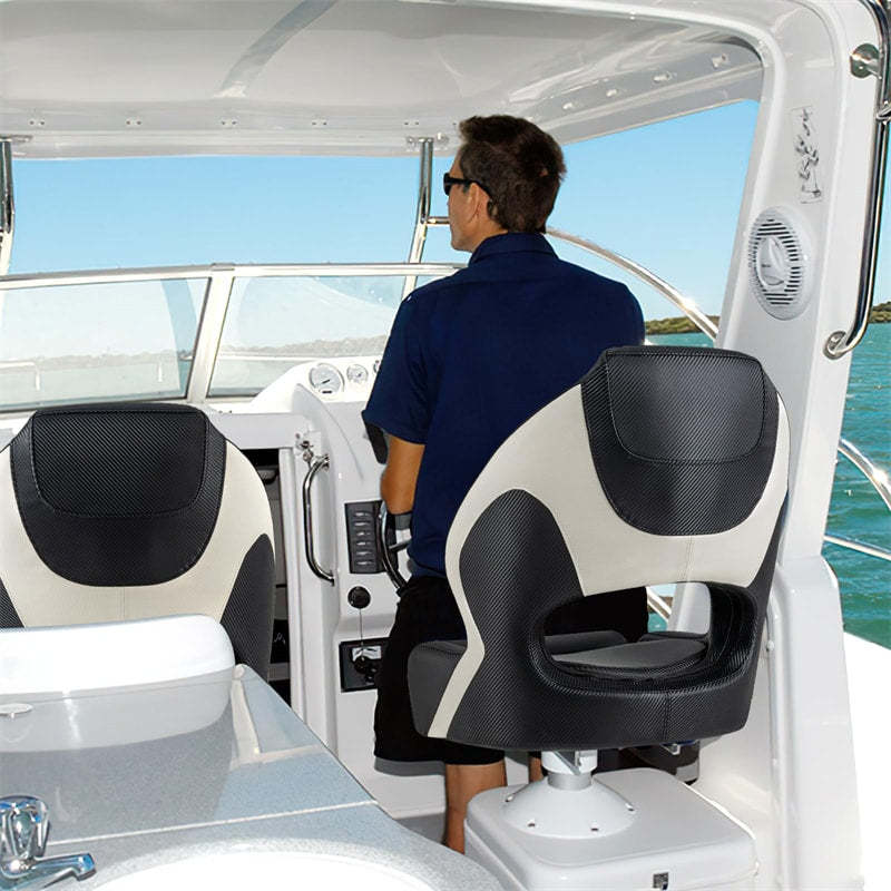 Sports Flip-up Boat Seat, Captain Bucket Seat w/Thick Sponge Bolster, Waterproof PVC Leather Upholstery, Curve Armrest, High Back Fishing Boat Chair